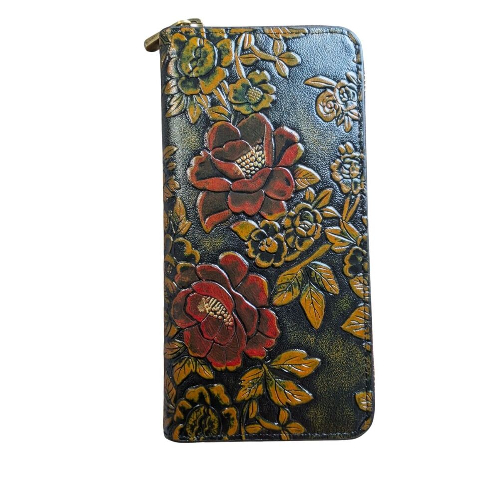 NWOT Vintage Tooled Embossed Leather Floral Rose Checkbook Wallet Hand Painted